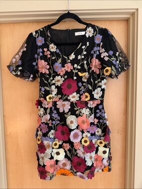 Black Floral Embroidered women’s  Dress with Multicolor Flowers size medium